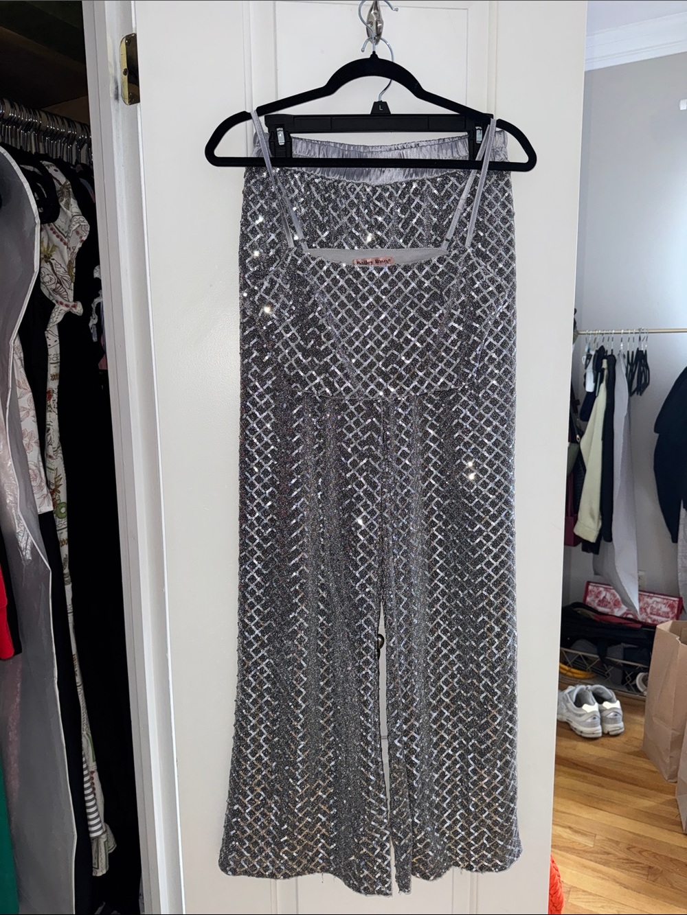 Silver Sequin Wide-Leg Jumpsuit